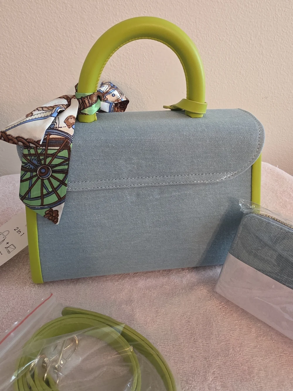 Denim and Lime Green Top-Handle Satchel
